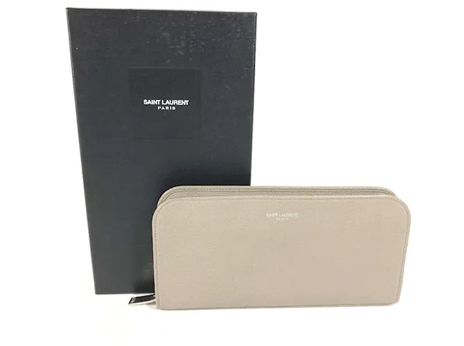 Cartera larga de cuero gris Saint Laurent Castaño 