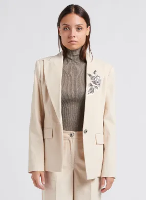 Chaqueta de algodón con cuello sastre de lentejuelas y perlas en beige
