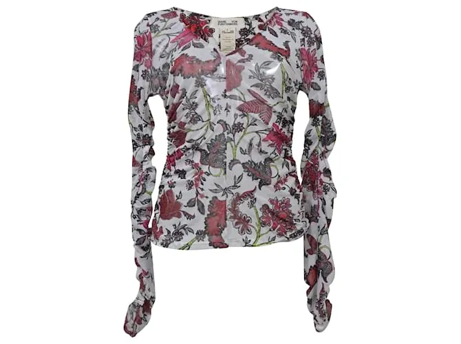 Diane Von Furstenberg Top transparente con estampado de hojas en nailon blanco 