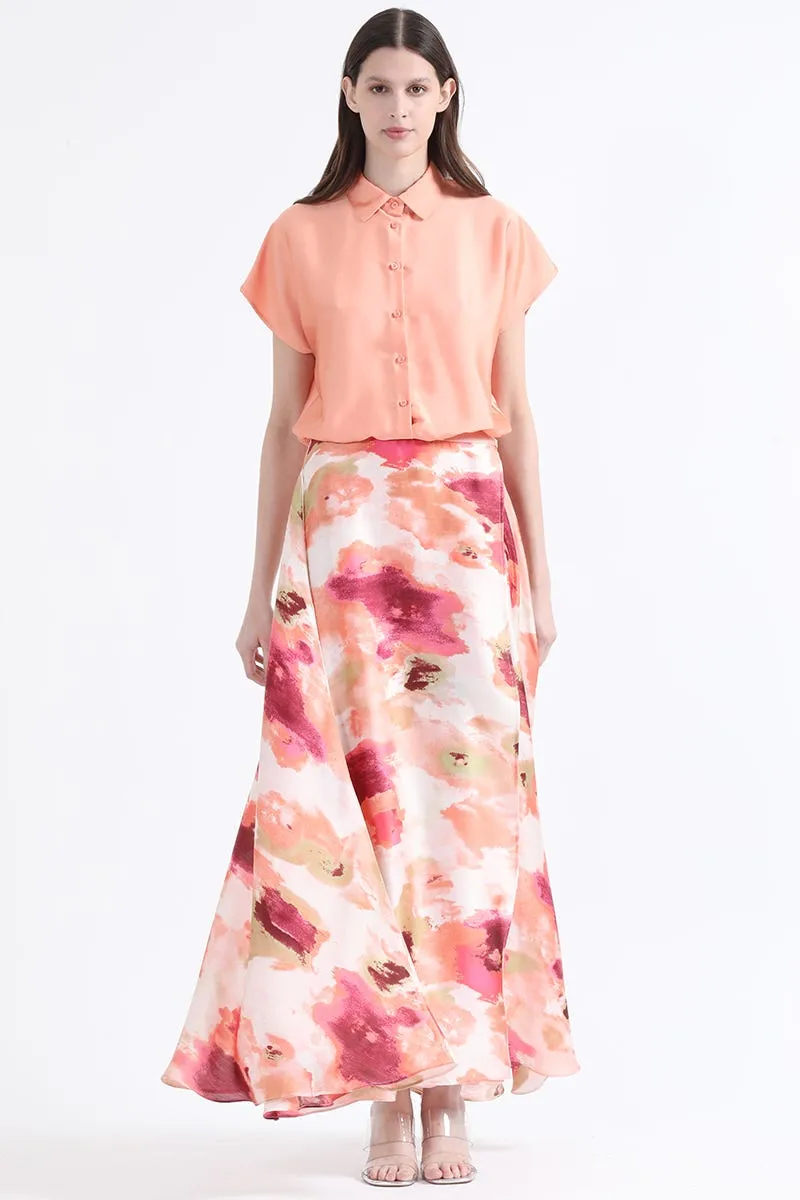 FALDA MAXI SATIN ESTAMPADO, NARANJO