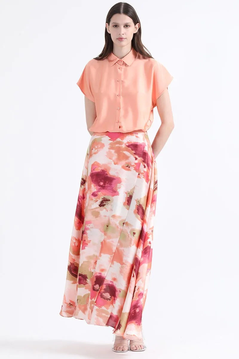 FALDA MAXI SATIN ESTAMPADO, NARANJO