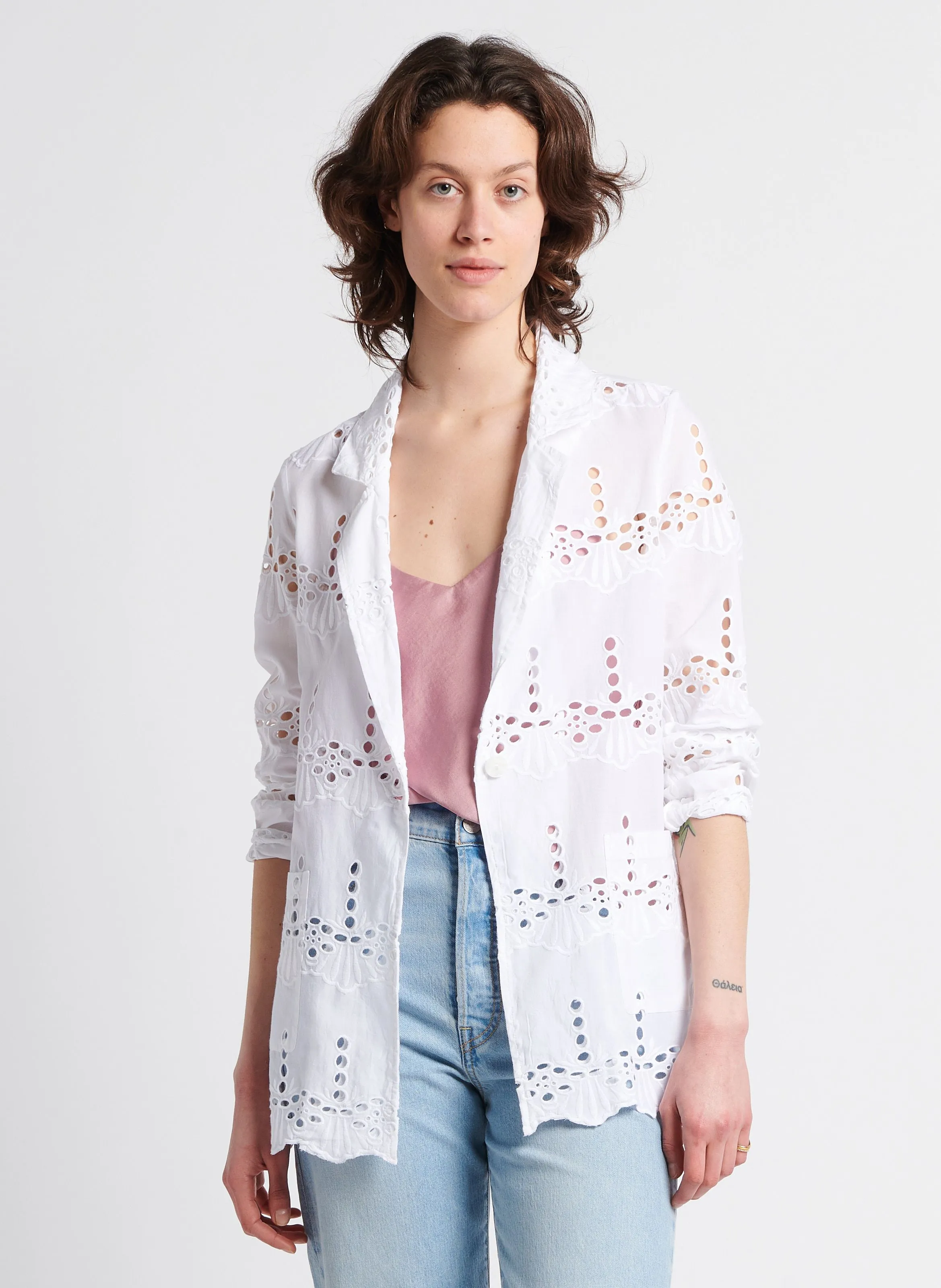 VIZENA - Chaqueta recta de algodón con bordado inglés en blanco